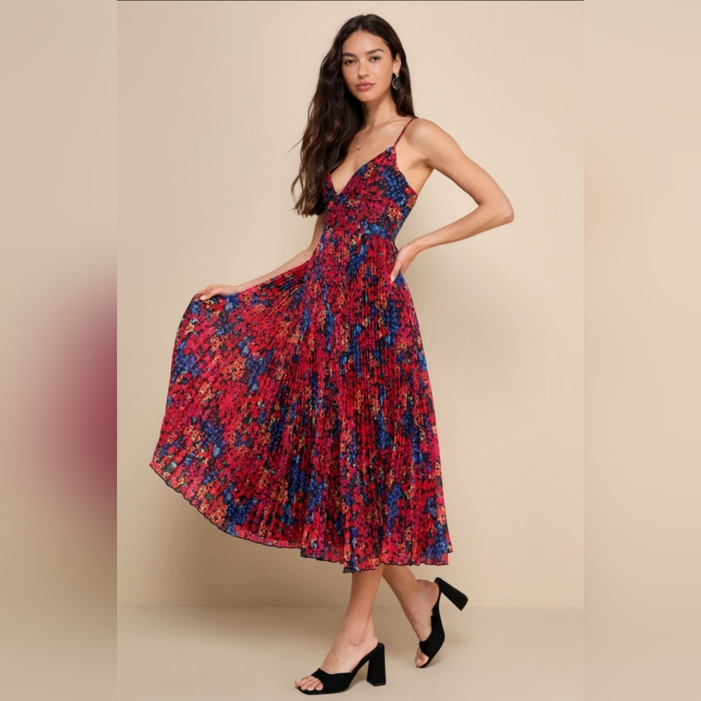 Lulu's Red Floral Pleated Midi Dress with Blue Accents - Picture 2 of 5